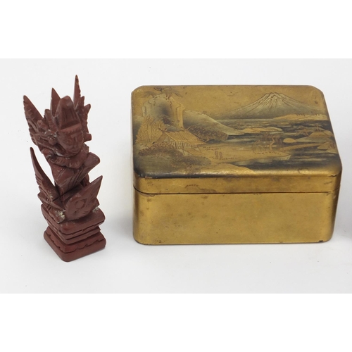 2946 - Japanese lacquered box and cover, a Vizigapatam glove box and a carved wood deity