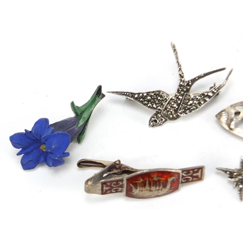 2971 - Four silver brooches and one other including two marcasite birds and one silver and enamel long boat