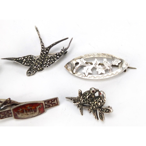 2971 - Four silver brooches and one other including two marcasite birds and one silver and enamel long boat