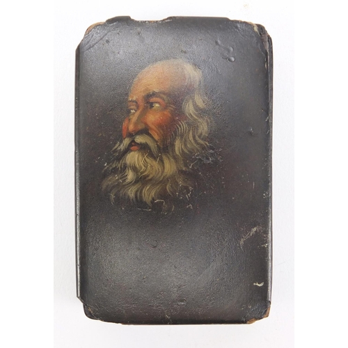 2977 - 19th century snuff box hand painted with a bearded gentleman, 8cm wide