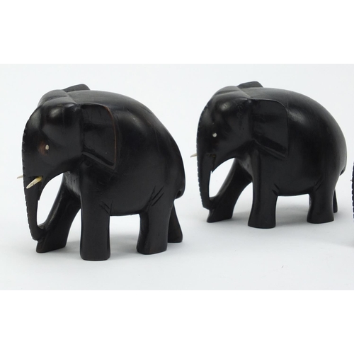 3002 - Graduated set of five carved ebony elephants, the largest 10.5cm high