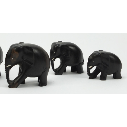 3002 - Graduated set of five carved ebony elephants, the largest 10.5cm high