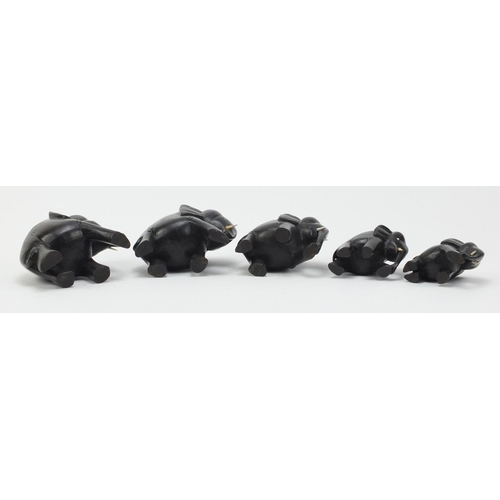 3002 - Graduated set of five carved ebony elephants, the largest 10.5cm high