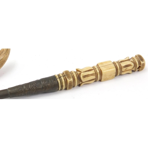 3004 - Objects including antique tusks, a ivory handled pointer and thermometer