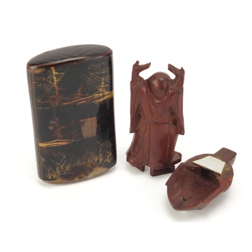 3008 - Japanese faux tortoiseshell cigar box, Chinese carved wood figure of Buddha and a mask, the largest ... 