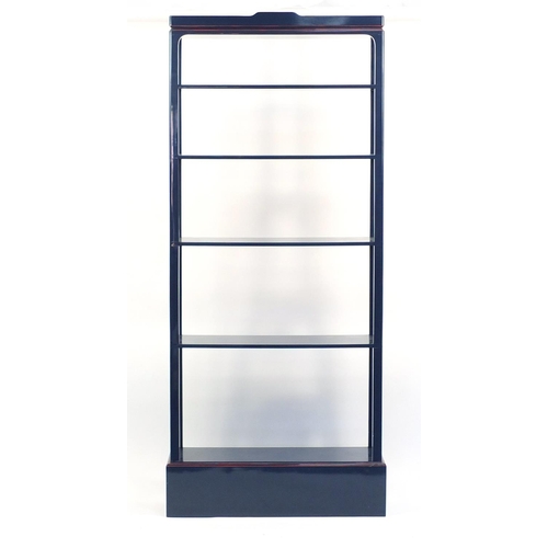 2126 - Blue lacquered open shelf unit, 235cm H x 99cm W x 36cm D