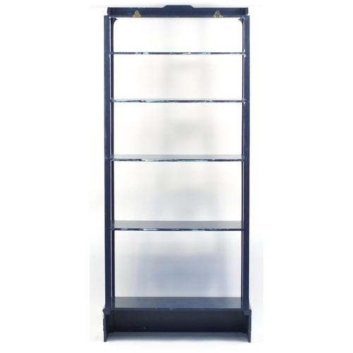 2126 - Blue lacquered open shelf unit, 235cm H x 99cm W x 36cm D
