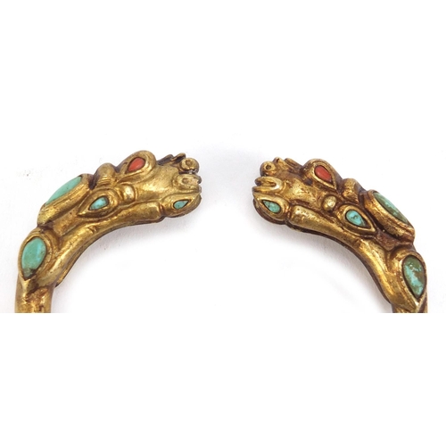 2876 - Tibetan gilt metal dragon bracelet set with coral and turquoise, 8cm wide