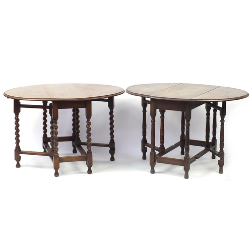 2101A - Two oak gateleg tables, one with barley twist supports, each 73cm high