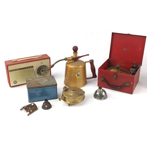 2433 - Four vintage lanterns and burners including a Tilley Stormlight and a vintage Pye radio