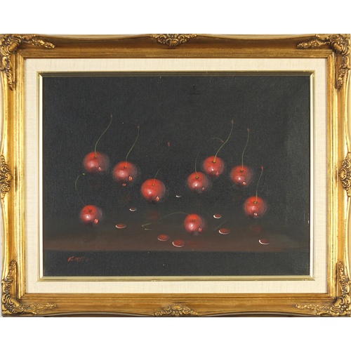 2390 - Still life cherries, oil on canvas, bearing a signature K Myle, mounted and framed, 39.5cm x 29cm