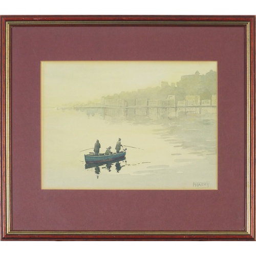 2388 - F Harry - Fishermen in a boat, signed watercolour, mounted and framed, 24cm x 17cm