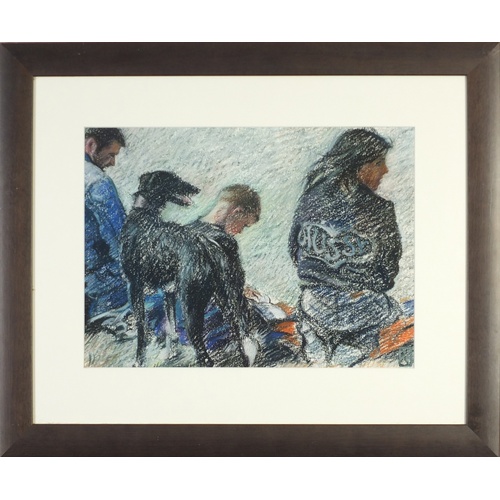 2207 - Family group of figures with a greyhound, 20th century pastel, mounted and framed, 37cm x 27cm