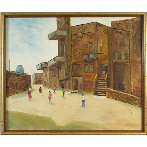 2178 - C Mugun - Street scene of figures, signed oil on canvas, framed, 60cm x 50cm