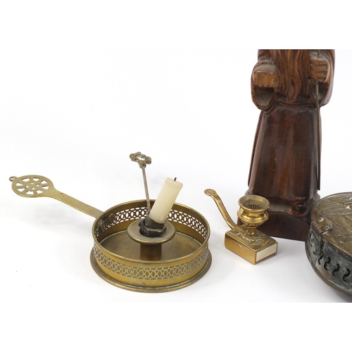 2641 - Woodenware and metalware including a Chinese carved wood figure of an Elder and chamber sticks