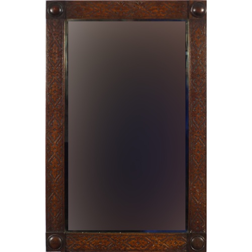 2049 - Arts & Crafts carved oak wall mirror with bevelled glass, 79cm x 51cm