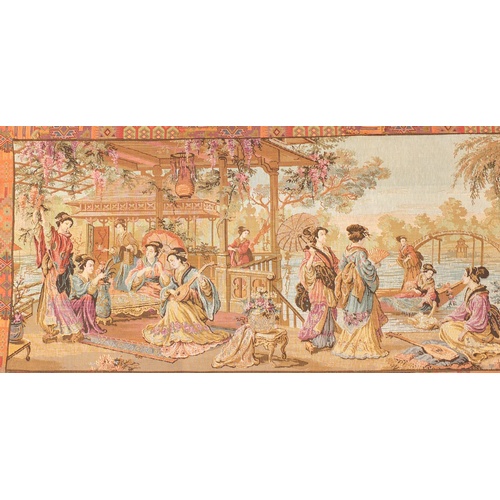 2557 - Rectangular tapestry wall hanging depicting a Chinese scene with figures by water, 153.5cm x 54.5cm