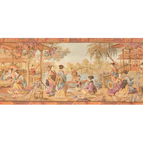 2557 - Rectangular tapestry wall hanging depicting a Chinese scene with figures by water, 153.5cm x 54.5cm