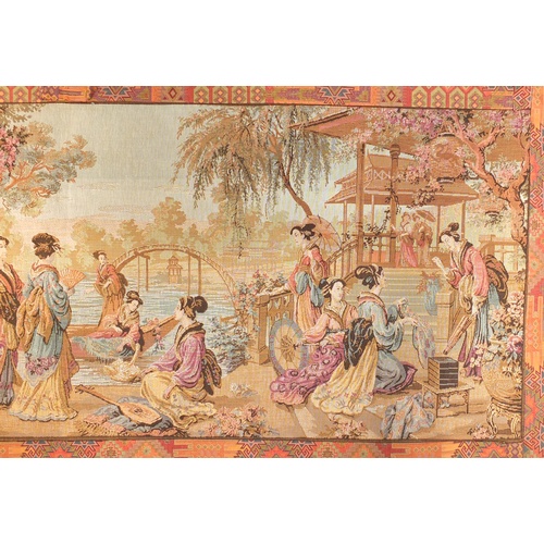 2557 - Rectangular tapestry wall hanging depicting a Chinese scene with figures by water, 153.5cm x 54.5cm