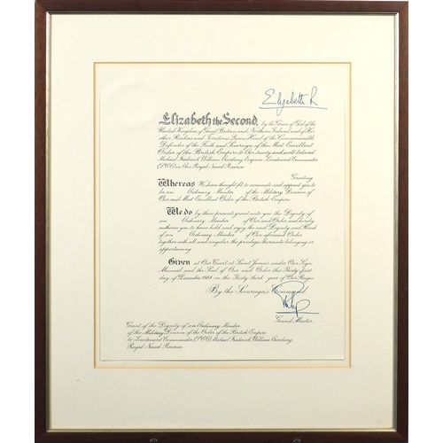 2690A - British military OBE certificate with embosses seal, mounted and framed, 38cm x 32cm