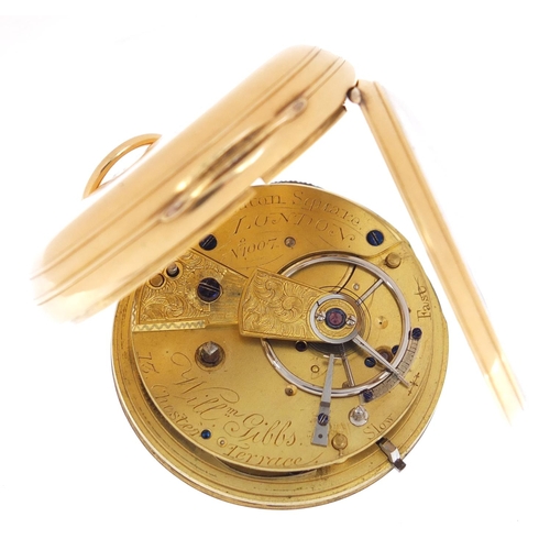39 - Victorian 18ct gold fusée pocket watch by William Gibbs, hallmarked Sheffield 1844, 4.5cm in diamete... 