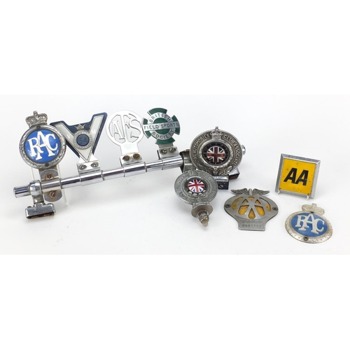 763 - Vintage car radiator badges, some enamelled including Royal Automobile Club Associate, AFS, RAC, Bri... 