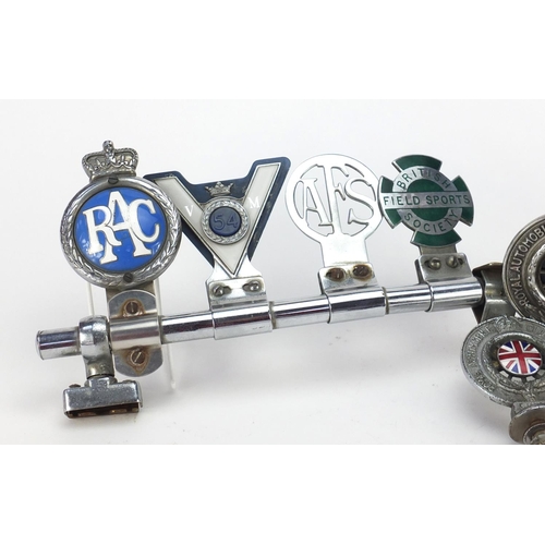 763 - Vintage car radiator badges, some enamelled including Royal Automobile Club Associate, AFS, RAC, Bri... 