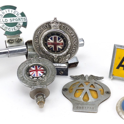 763 - Vintage car radiator badges, some enamelled including Royal Automobile Club Associate, AFS, RAC, Bri... 