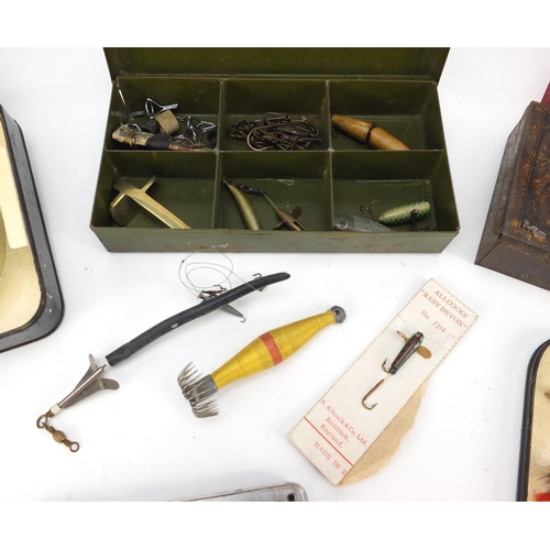 Vintage salmon fishing flies, spinners, enamelled Hardy Bros fly tin and  angler's guides