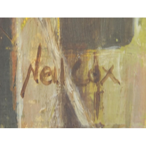44 - Neil Cox - Robin on Chicken wire, oil on board, Wren Gallery details verso, framed, 35.5cm x 17.5cm