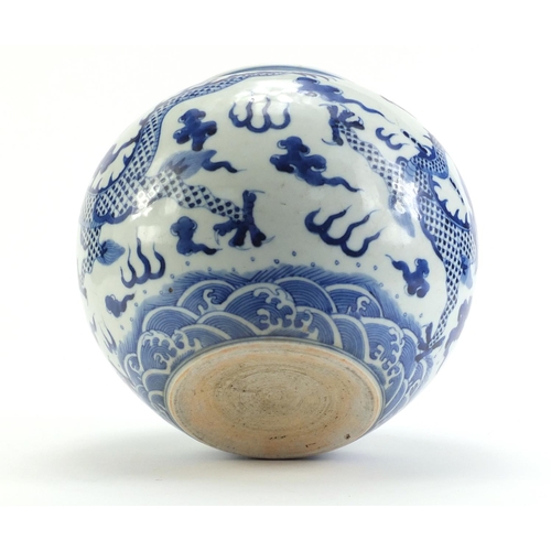 74 - Chinese blue and white porcelain jar, hand painted with two dragons amongst clouds within ruyi borde... 