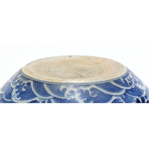 74 - Chinese blue and white porcelain jar, hand painted with two dragons amongst clouds within ruyi borde... 