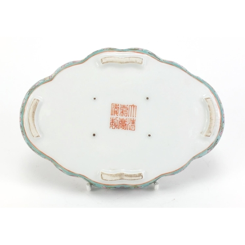 3 - Chinese porcelain four footed brush washer, hand painted with calligraphy and flowers, six figure ch... 