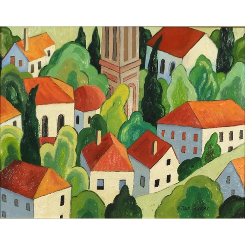 45 - Townscape with trees, Russian school oil on board, bearing a cyrllic signature, mounted and framed, ... 