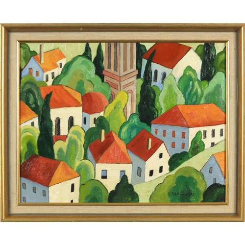 45 - Townscape with trees, Russian school oil on board, bearing a cyrllic signature, mounted and framed, ... 