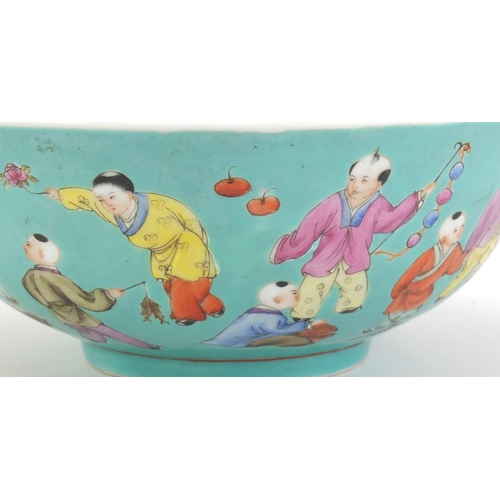 6 - Chinese porcelain bowl, hand painted with children onto a turquoise ground, six figure character mar... 
