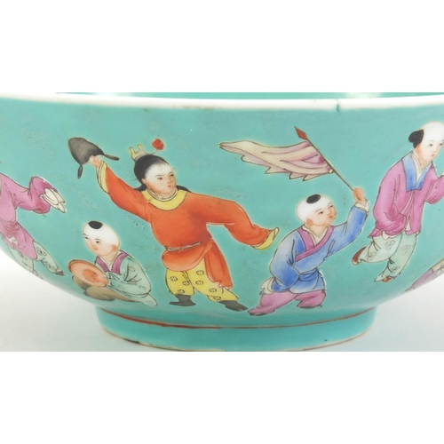 6 - Chinese porcelain bowl, hand painted with children onto a turquoise ground, six figure character mar... 