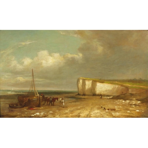 20 - Joseph W Yarnold - Coastal scene with moored fishing boat and horse drawn cart, 19th century oil on ... 