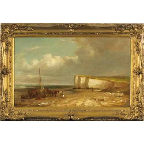 20 - Joseph W Yarnold - Coastal scene with moored fishing boat and horse drawn cart, 19th century oil on ... 