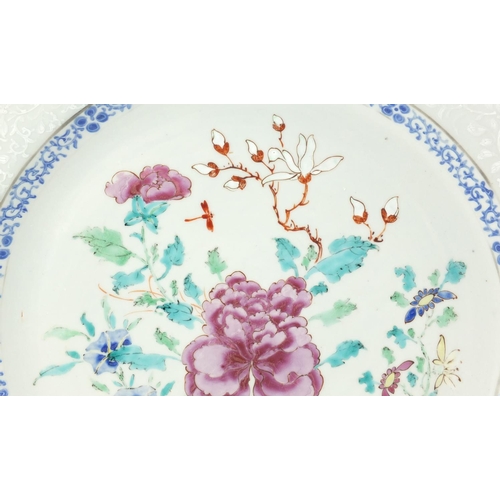 7 - Good pair of Chinese porcelain chargers, each finely hand painted in the famille rose palette with f... 