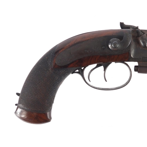 55 - Good early 19th century Irish walnut percussion over and under pistol by Kavanagh, with capacity in ... 