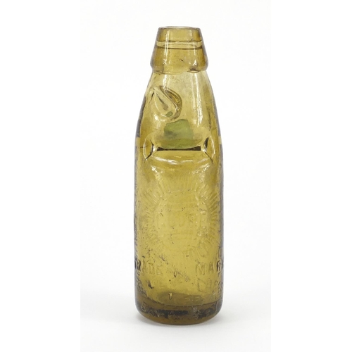 774 - 19th century amber glass Codd bottle advertising Groves & Whitmall of Salford, 18.5cm high