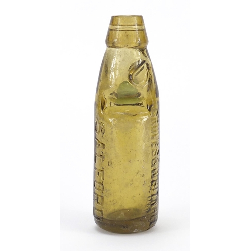 774 - 19th century amber glass Codd bottle advertising Groves & Whitmall of Salford, 18.5cm high