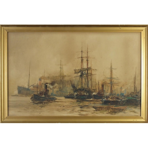 18 - Charles Dixon 1894 - Tug boats pulling masted vessels with ocean liner, heightened watercolour, fram... 
