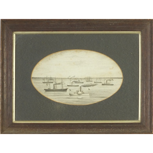 107 - Paddle and steam boats on calm water, 19th century oval pencil, mounted and framed, 26.5cm x 16cm