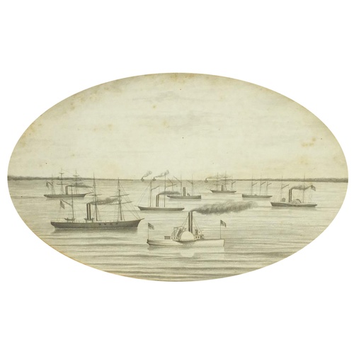 107 - Paddle and steam boats on calm water, 19th century oval pencil, mounted and framed, 26.5cm x 16cm