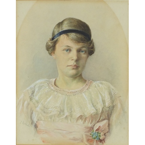 135 - Ruckgaber - Head and shoulders portrait of a young lady, early 20th century watercolour, mounted and... 