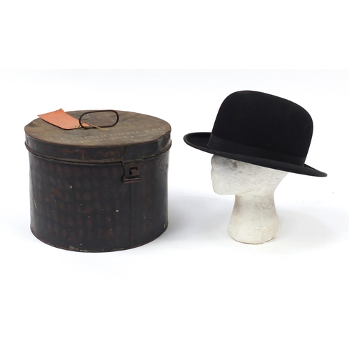 138 - Military interest bowler's hat and tin case with applied Edward Smith plaque, the case inscribed H A... 
