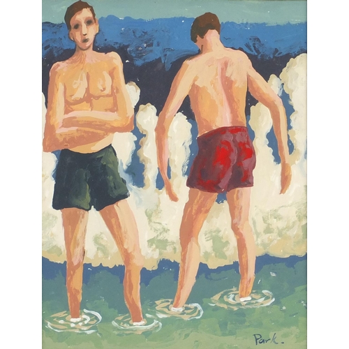 109 - Two males wearing swimming trunks, gouache, mounted and framed, 29.5cm x 23cm