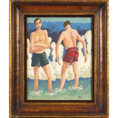 109 - Two males wearing swimming trunks, gouache, mounted and framed, 29.5cm x 23cm